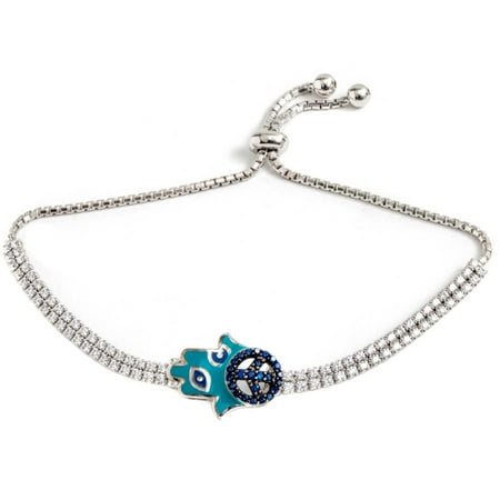 Pori Jewelers Blue CZ Sterling Silver Peace Hamsa Friendship Bolo Adjustable Bracelet