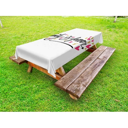 

Family Outdoor Tablecloth Inspirational Phrase Family is Forever Hand Writing Cute Hearts Decorative Washable Fabric Picnic Table Cloth 58 X 84 Inches Pale Coffee Hot Pink Black by Ambesonne