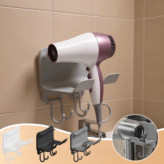 FEOLGEHLY Multifunctional No Drill Hair Dryer Holder for Bathroom, 3-in-1 Hair Tool Organizer, Blow Dryer Holder Wall Mounted/Cabinet Door, Support With Hook And Phone Support, Gray