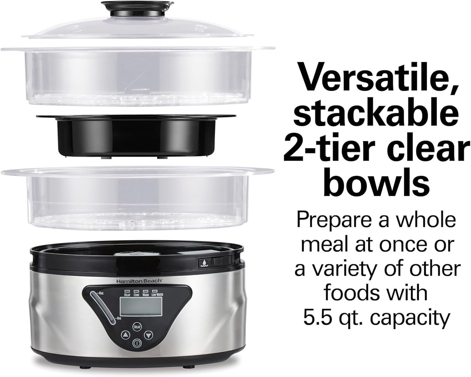 Digital Electric Food Steamer & Rice Cooker, 5.5 Quart Stackable Two-Tier Bowls for Healthy Cooking