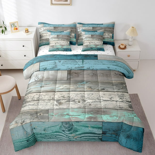 YST Ensemble de Literie Western 7 Pcs Style Ferme Rustique, Ensemble de Couette Rétro Campagnard Bleu Gris, Lit Simple