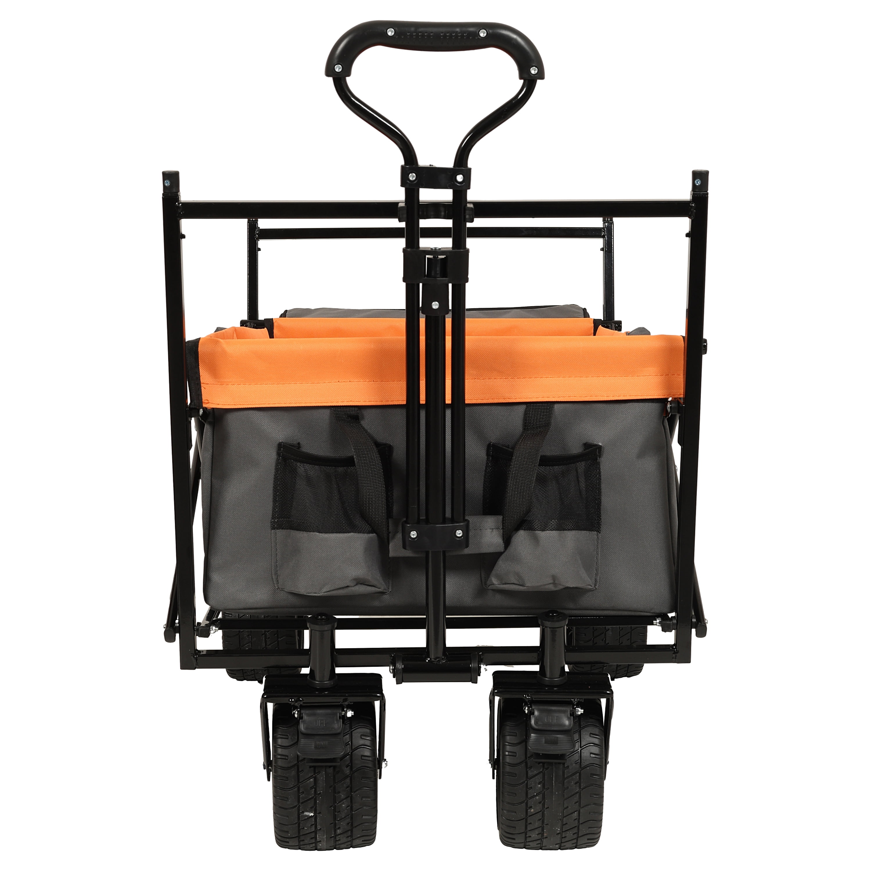 Heavy Duty Folding Wagon with Canopy, 480 lbs Collapsible Wagon Stroller with Mosquito Net, 7"x4" All-Terrain Wheels for Camping, Garden, Orange
