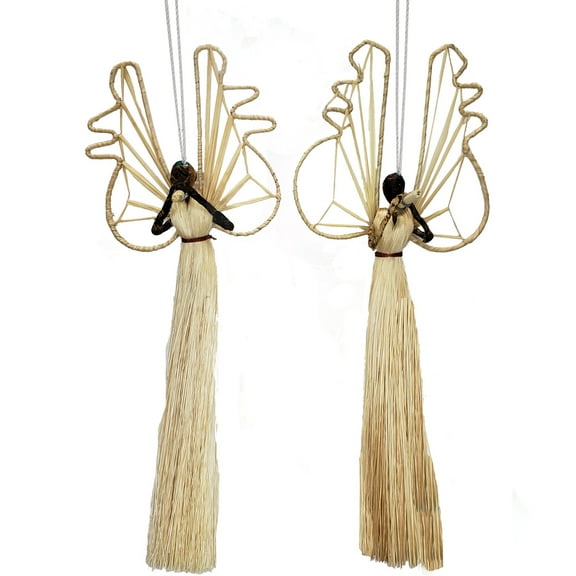 Angel Rattan Wings with Flute Dressed in Sisal and Banana Bark Christmas Tree Hanging Ornament Arrangement Décor