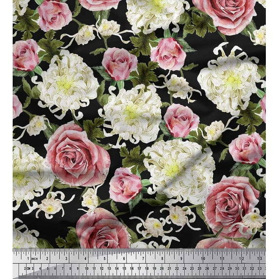 Soimoi Black polyester Crepe Fabric Leaves,White Floral & Rose Flower Printed Fabric 1 Yard 42 Inch Wide