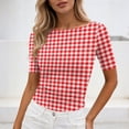 thumbnail image 4 of Htigea Plaid T-Shirts for Women Slim Short Sleeve Boat Neck Tops Cute Tees Y2K Trendy Side Ruched Summer Shirt Red S, 4 of 7