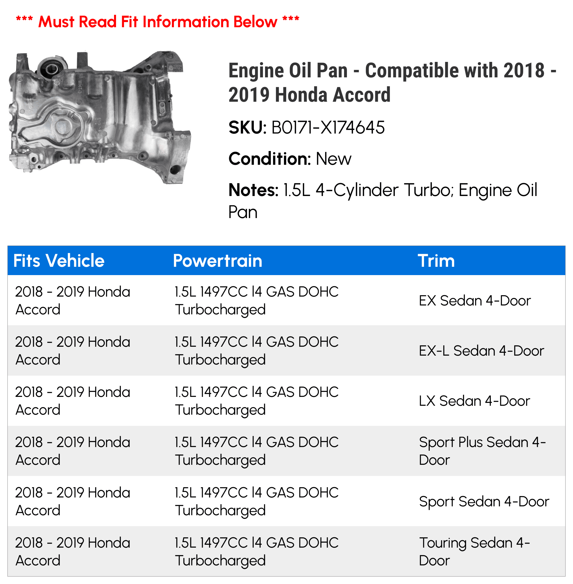 Engine Oil Pan - Compatible with 2018 - 2019 Honda Accord - Replacement