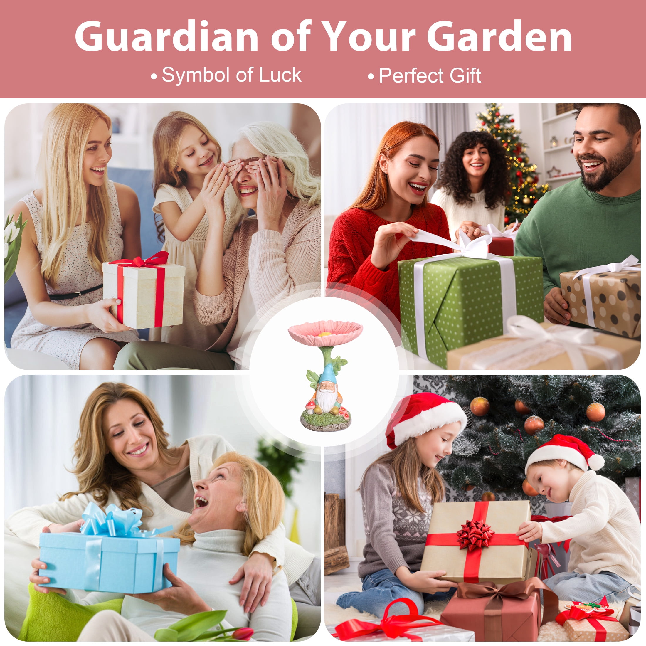 The Growing Ground Daisy Gnome Bird Feeder Garden Statue, Outdoor Garden Decor with Flower Bowl for Bird Seed and Water, Pink