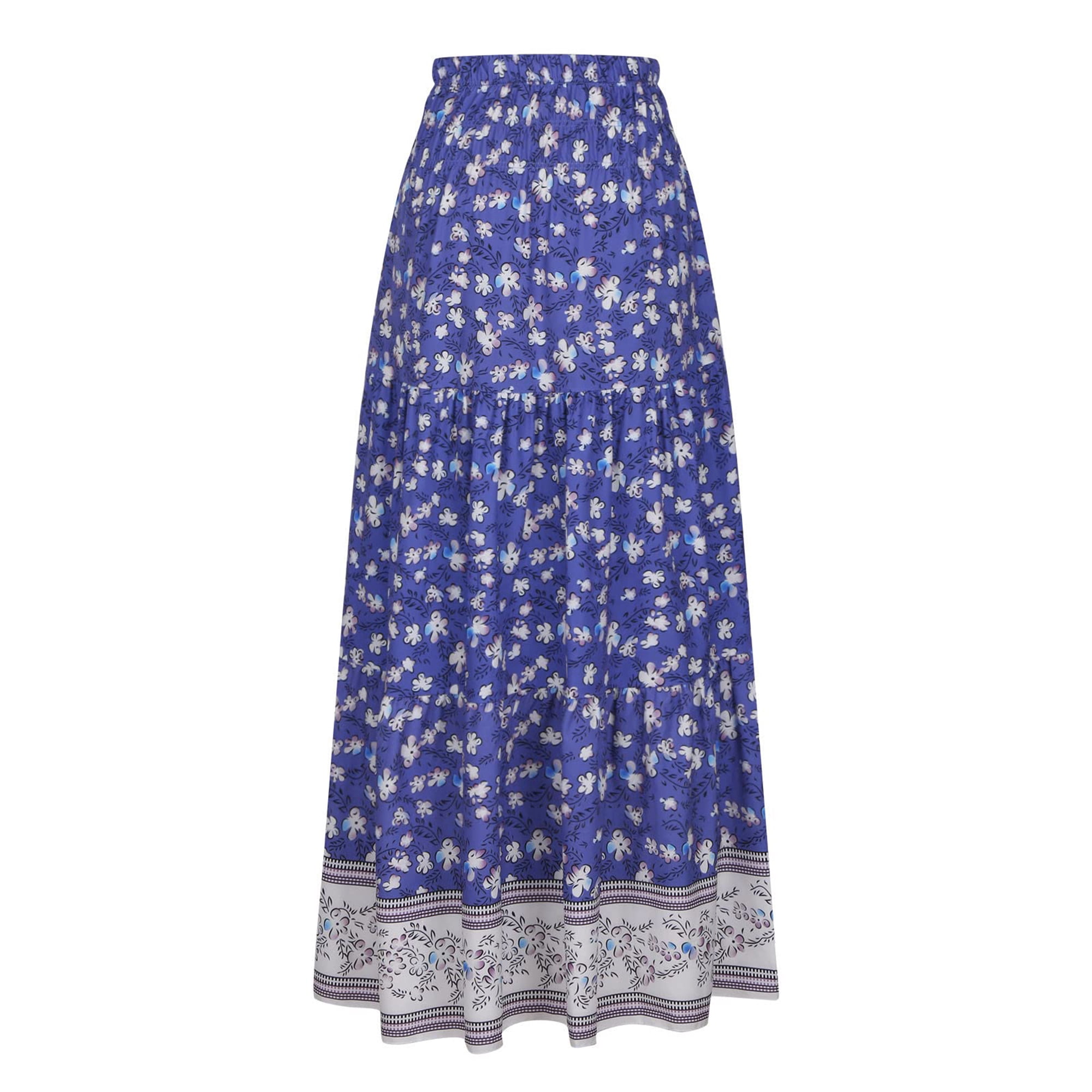 Innerwin Maxi Skirt Boho Ladies Long Skirts Holiday Floral Print Casual Blue L