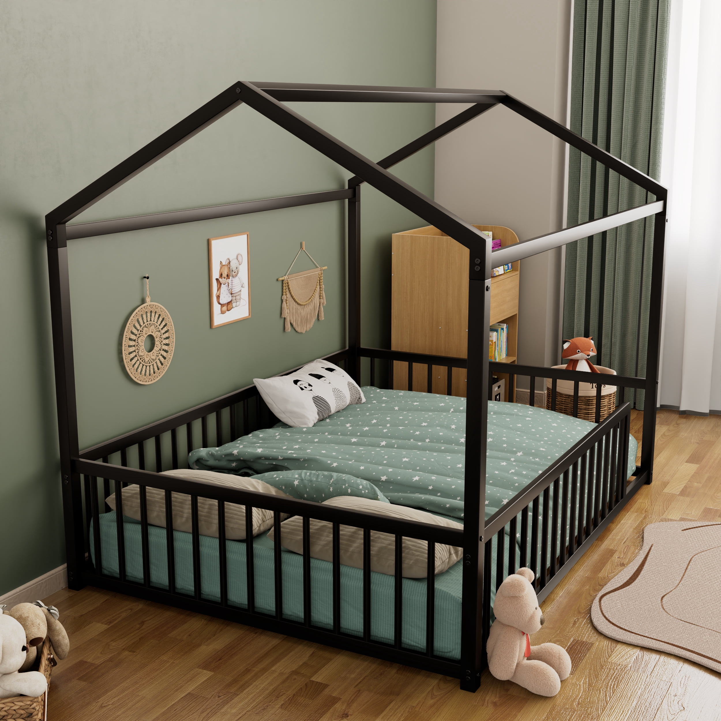 Euroco Metal Full Size Canopy Bed, Low Profile House Bed with Guardrails, Black