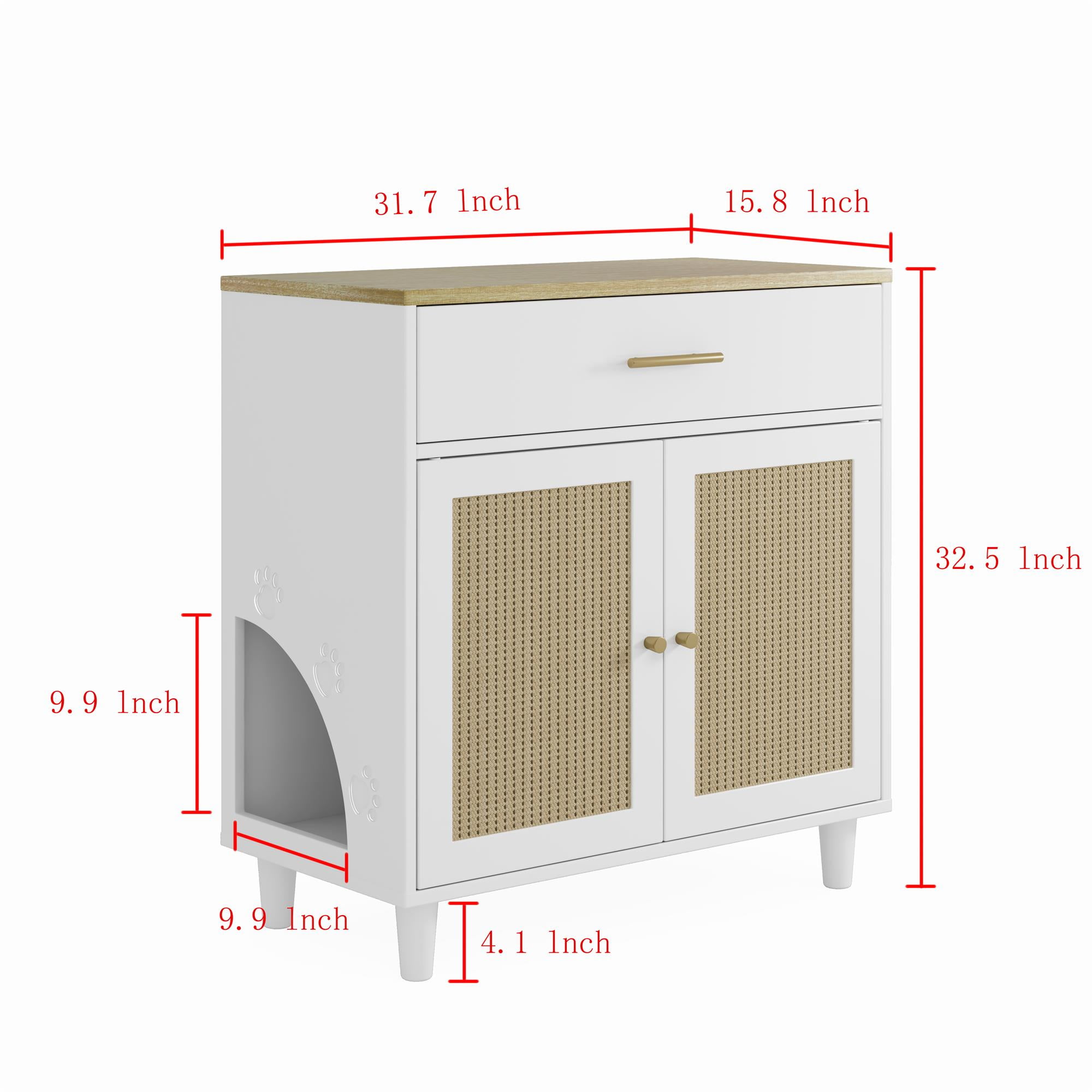 Pefilos 31" Cat Litter Box Enclosure, Hidden Cat Washroom Furniture with Drawer, Sisal Scratching Door, Cat House Enough for Most of Litter Box, White