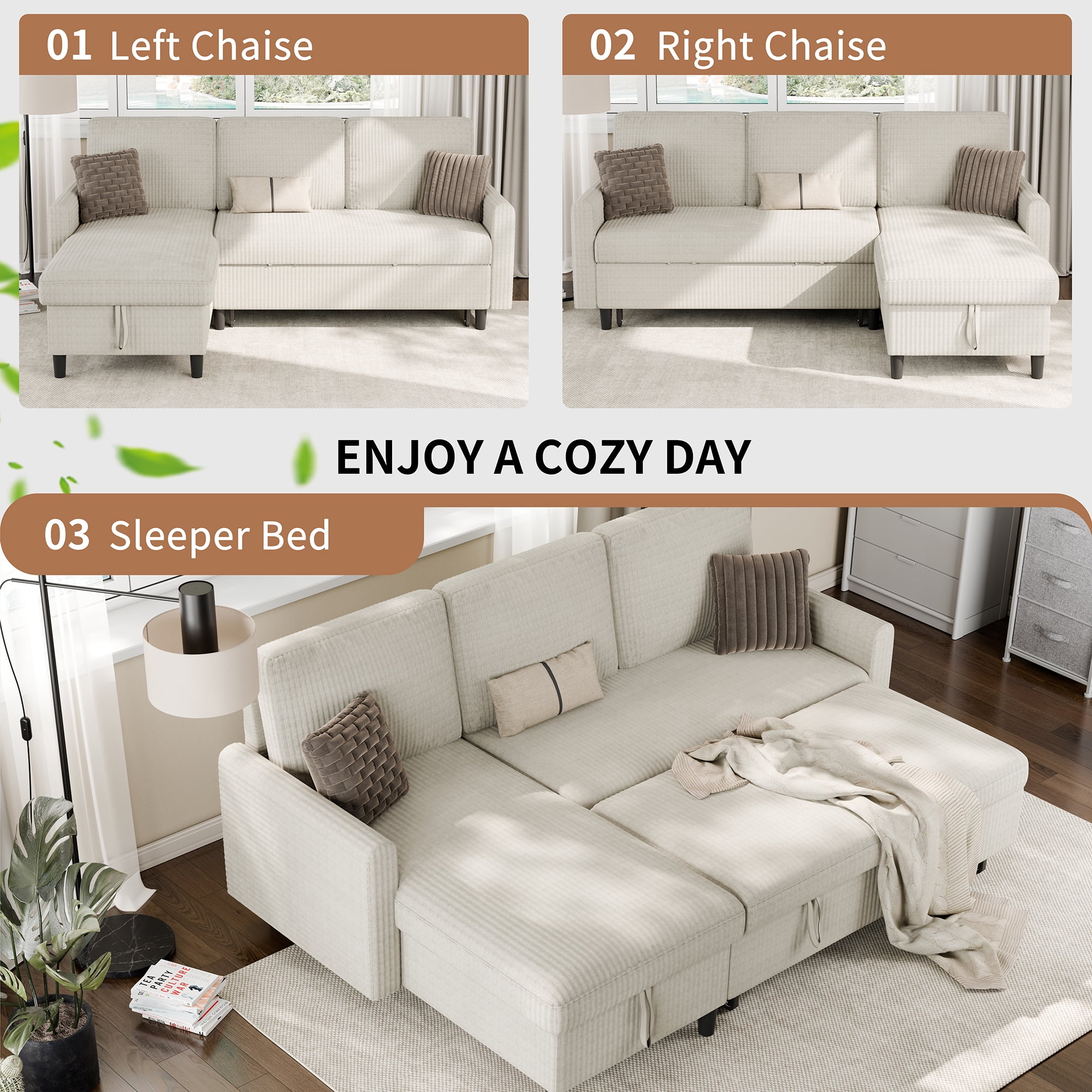Walsunny Pull Out Sectional Sleeper Sofa Bed L Shape Couches with Reversible Storage Chaise for Living Rooms Small Rooms Apartment,White