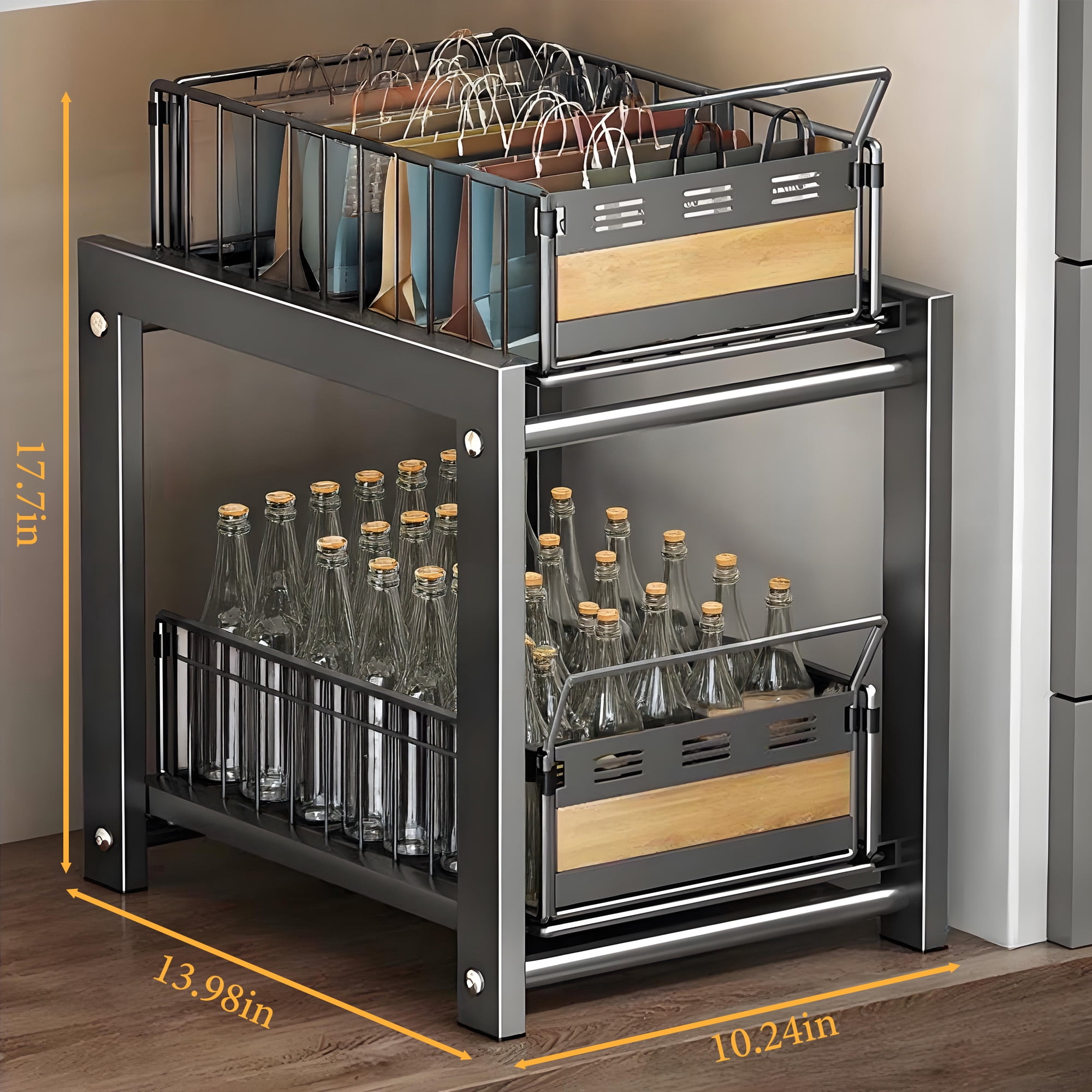 Storvive Under Sink Organizer Storage, 2-Tier Carbon Steel Shelf with 2 Baskets for Kitchen and Bathroom, Black