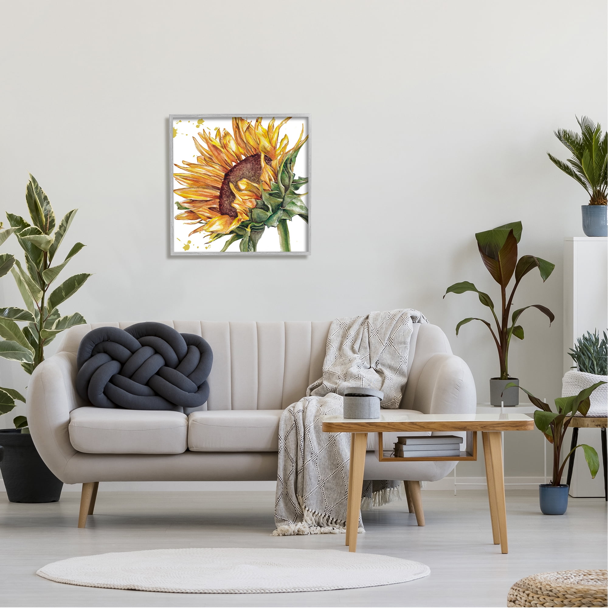 Stupell Industries Sunflower with Modern Splash Botanical & Floral Painting Gray Framed Art Print Wall Art, 24 x 24