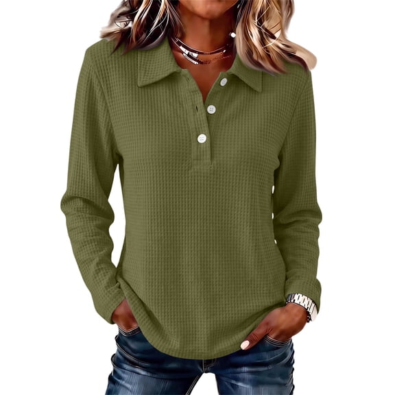 Hsovts Solid Women Polo Shirt Long Sleeve Collared Cotton Preppy Casual Shirts Multi‑Hues Tops for Work Weekend Activities Green S