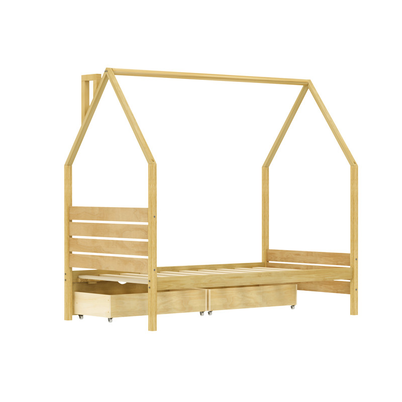 Twin Size Kids House Bed Frame, Montessori Child Floor Bed with 2 Storage Drawers, Wooden Low Profile Platform Bed