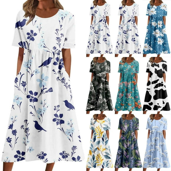 EQWLJWE Robes pour Femmes 2023 Grande Taille Mode Femmes Été Imprimé Décontracté Col Rond Manches Courtes Vacances Poches Robe Liquidation Robes pour Femmes