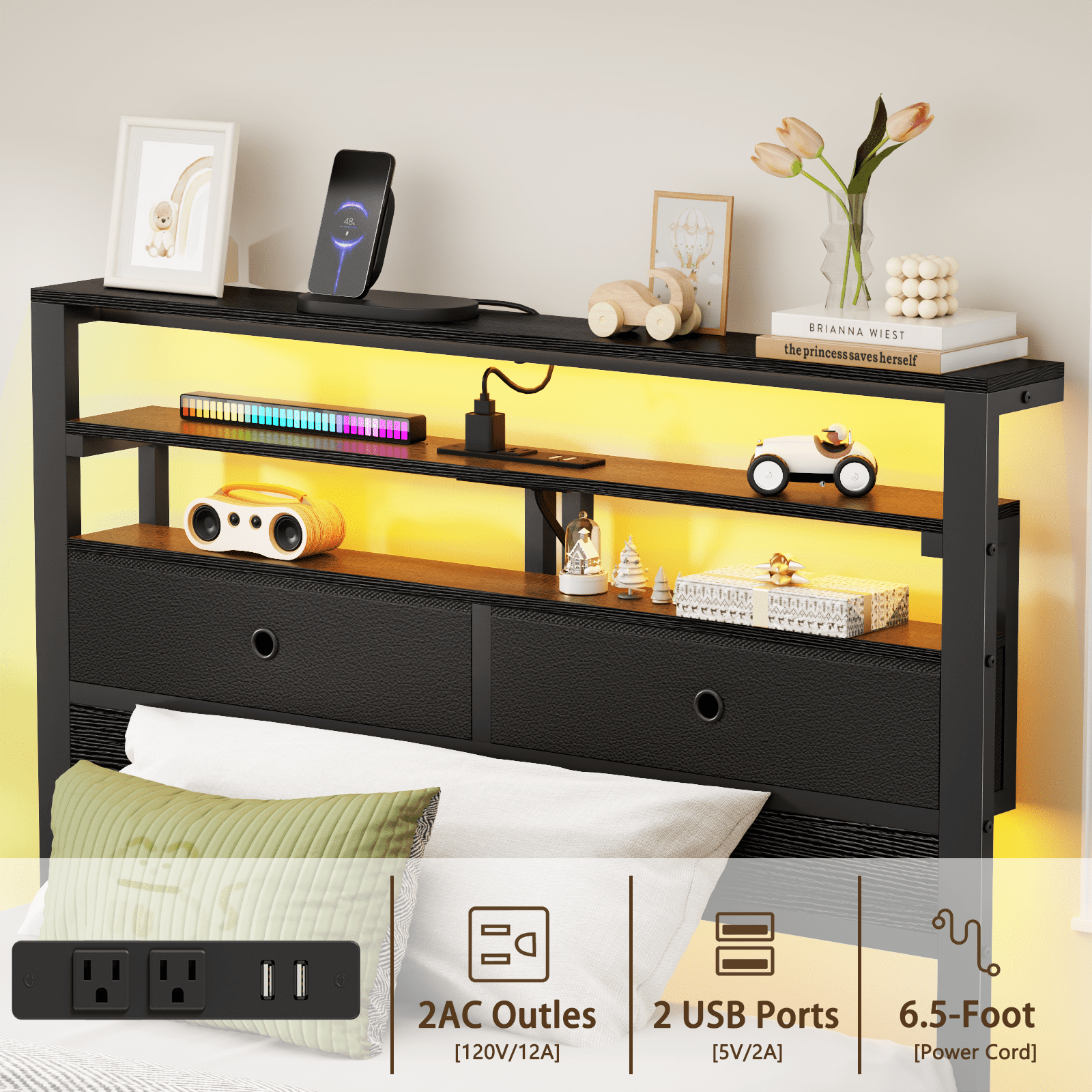 Satifur Twin Size Bed Frame with 2 Storage Drawers Headboard, LED & Charging Station, Black Oak