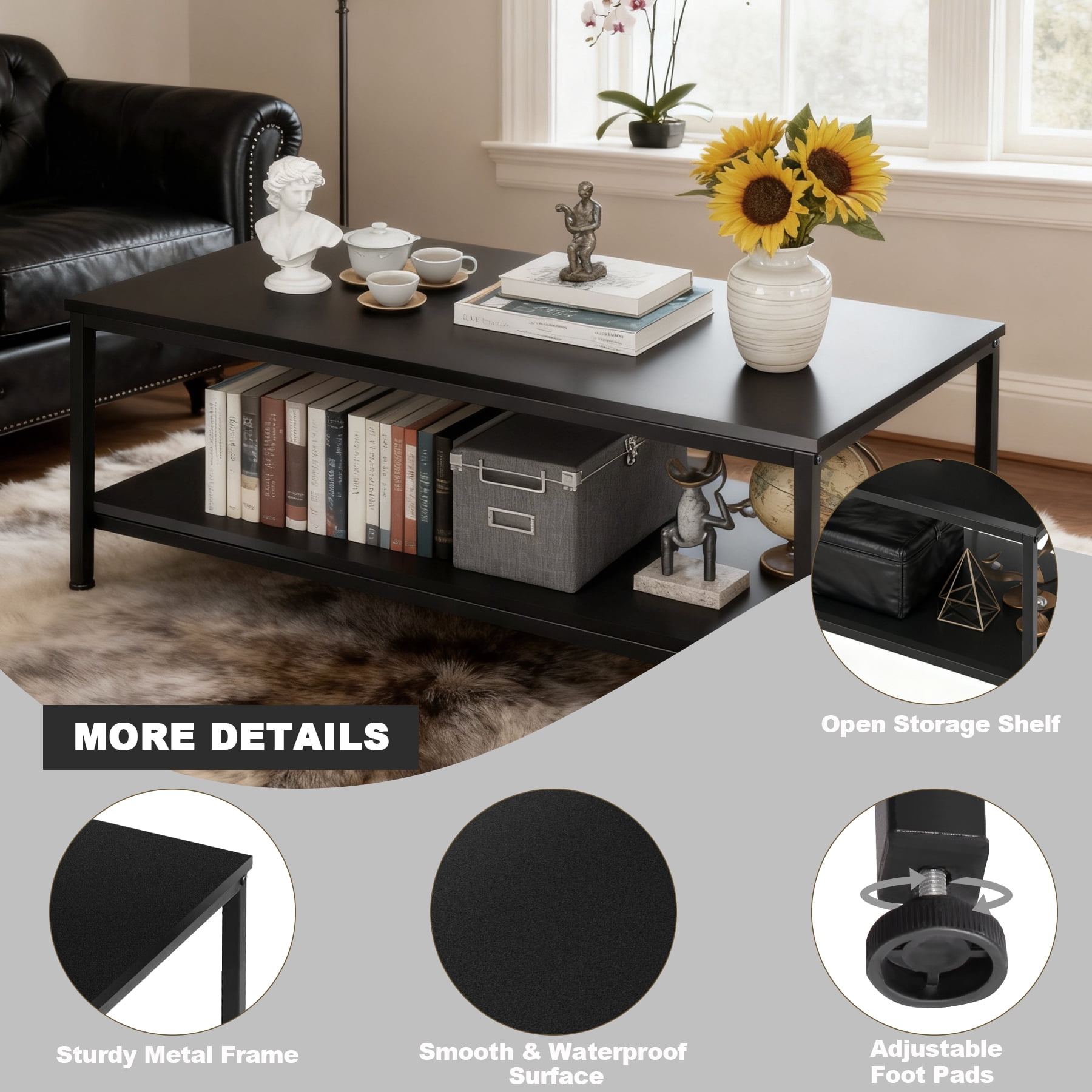 ZenSports 39.4"L Rectangle 2-Tier Coffee Table Wood Cocktail Table Metal Frame W/Storage Shelf,Black for Apartment Home Office