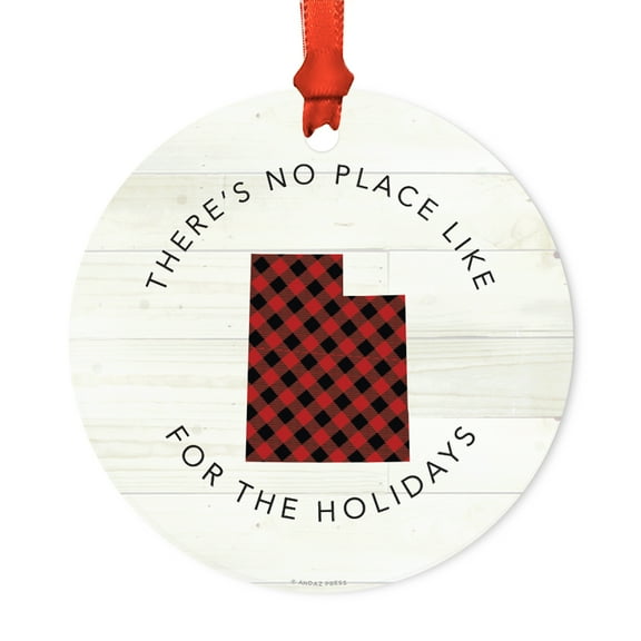 US State Round Metal Christmas Ornament, Red Plaid on Light Rustic Wood, Utah, Includes Ribbon and Gift Bag