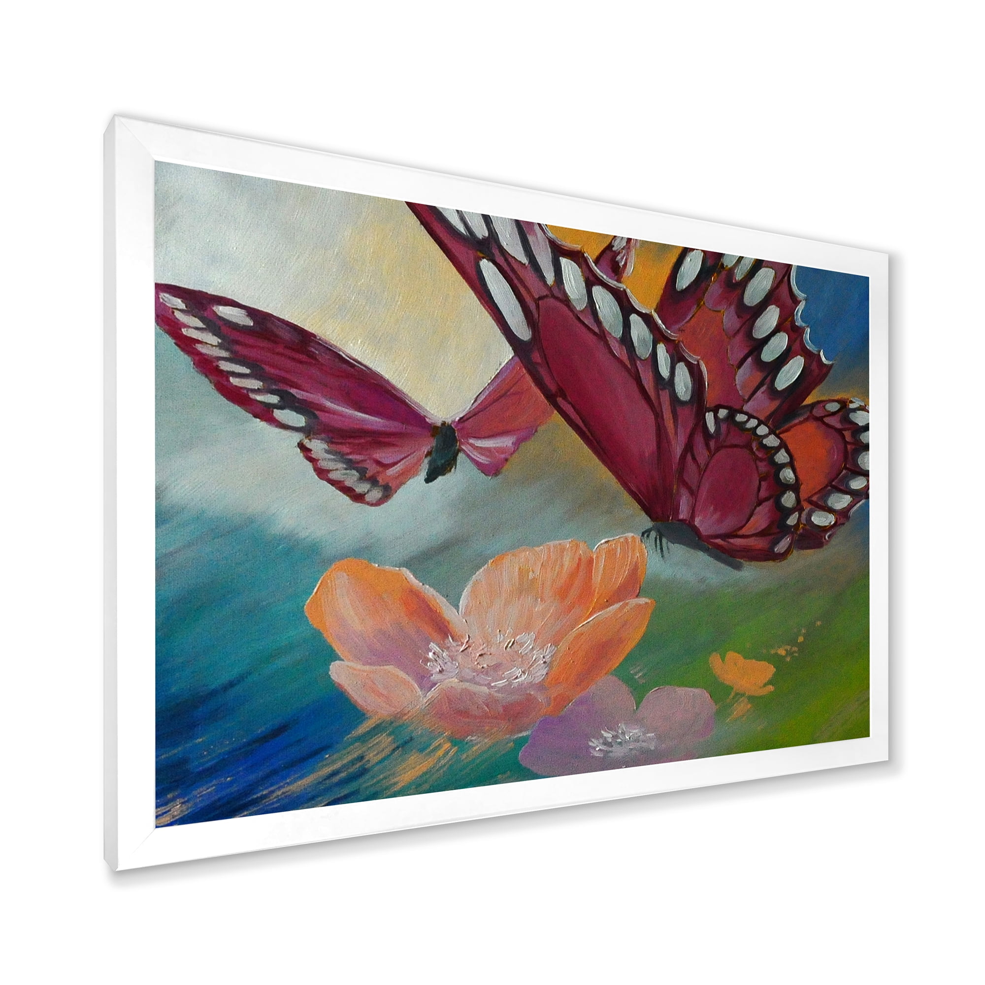 Designart 'Butterflies On Pink Flowers' Traditional Framed Art Print