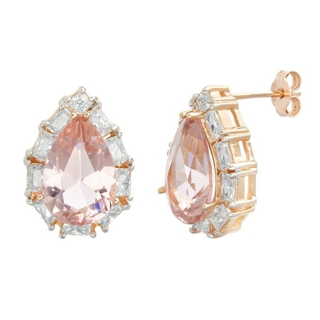 - Cubic Zirconia Baguette Halo Style Simulated Morganite Teardrop Shaped Post Earrings in Rose Gold and Rhodium over Sterling Silver