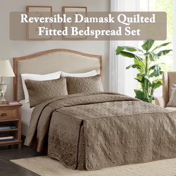 Quebec Split Corner Quilted Bedspread, Queen, Khaki
