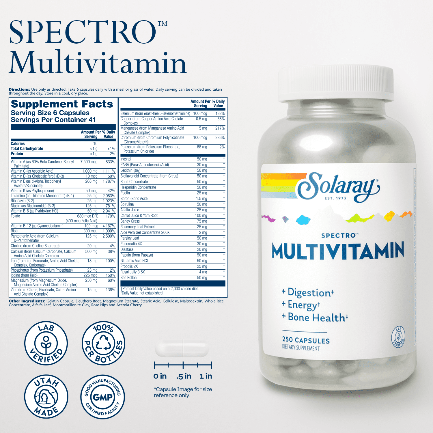 Solaray Spectro Multivitamin with Iron | Cal/Mag, Energizing Greens & Herbs with Digestive Enzymes | 250 Caps | 42 Serv.
