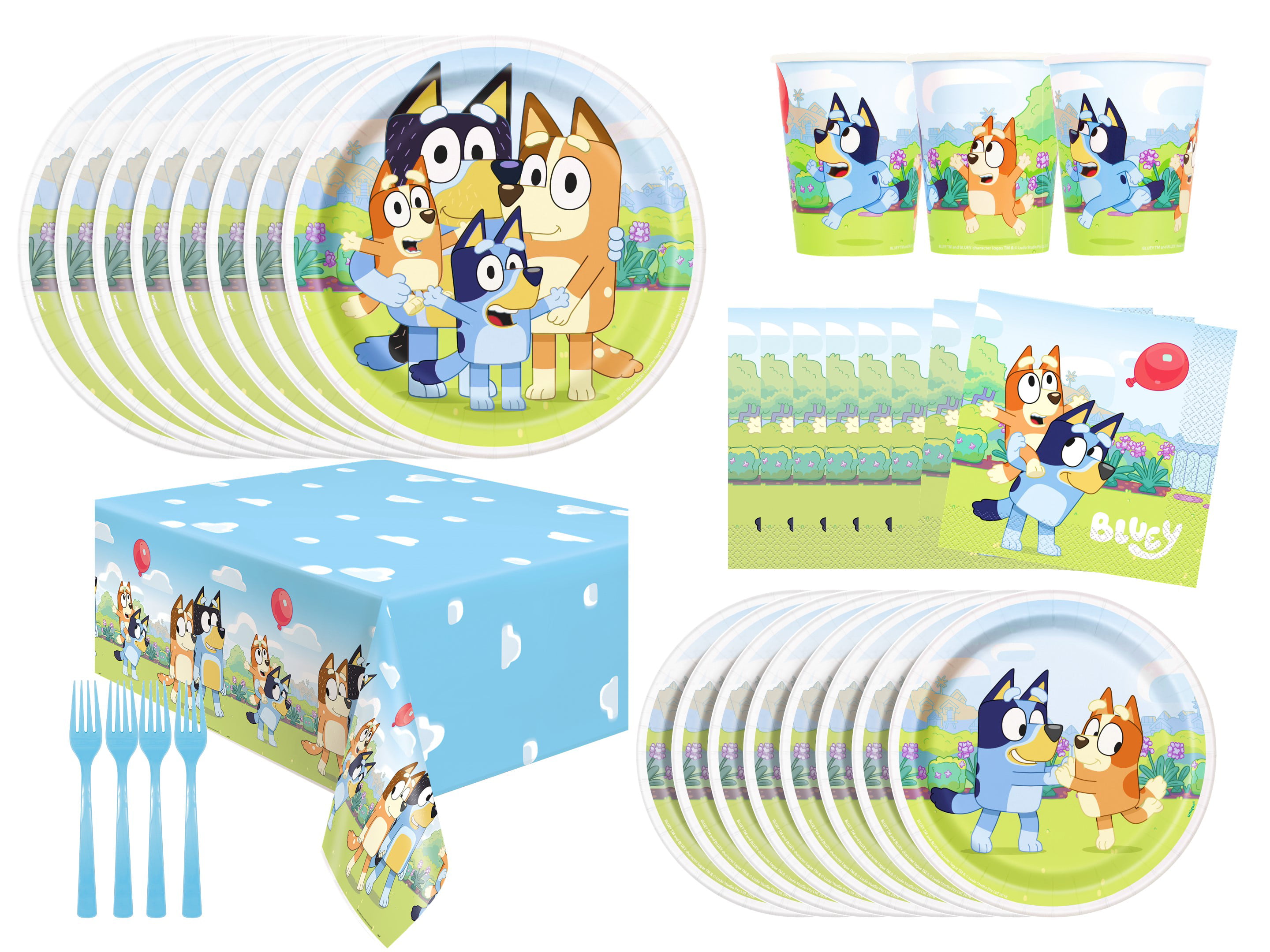 Bluey Birthday Party Supplies | Bluey Decorations | Bluey Plates | Bluey Napkins | Bluey Table Cover | Blue Cups - Serves 8