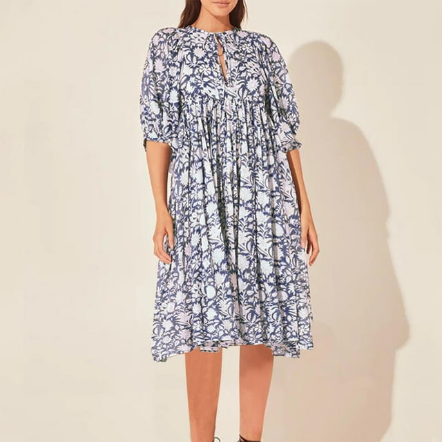 FcBaudy Robe à Manches Longues Col en V, Robes d'Été pour Femmes, Robes Personnalisées à Fleurs Mode Imprimée Manches Longues Col en V Robe pour Femmes