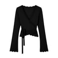 thumbnail image 7 of ClodeEU Women's V Neck Lace Trim Long Bell Sleeve Blouse With Tie Waist,Casual Slim Fit Elegant Top Black,Women's Plus L, 7 of 7