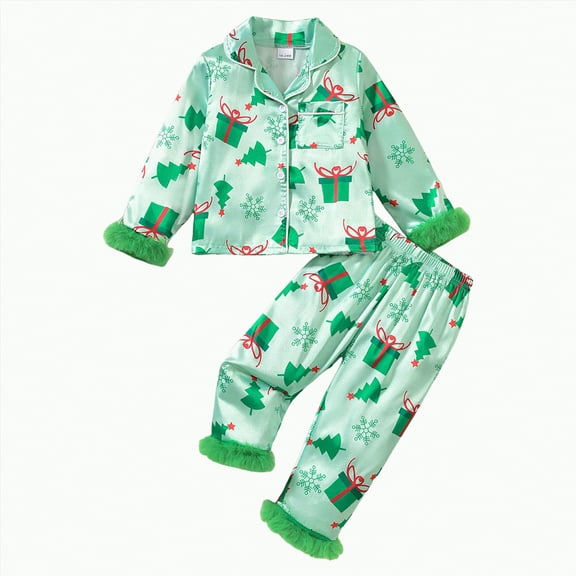 CAUYDY Toddler Kids Little Girls Christmas Satin Pajamas Santa Bow Print Feather Trim Sleeve Button Down Sleepwear Pjs Set(Green,4 Y)