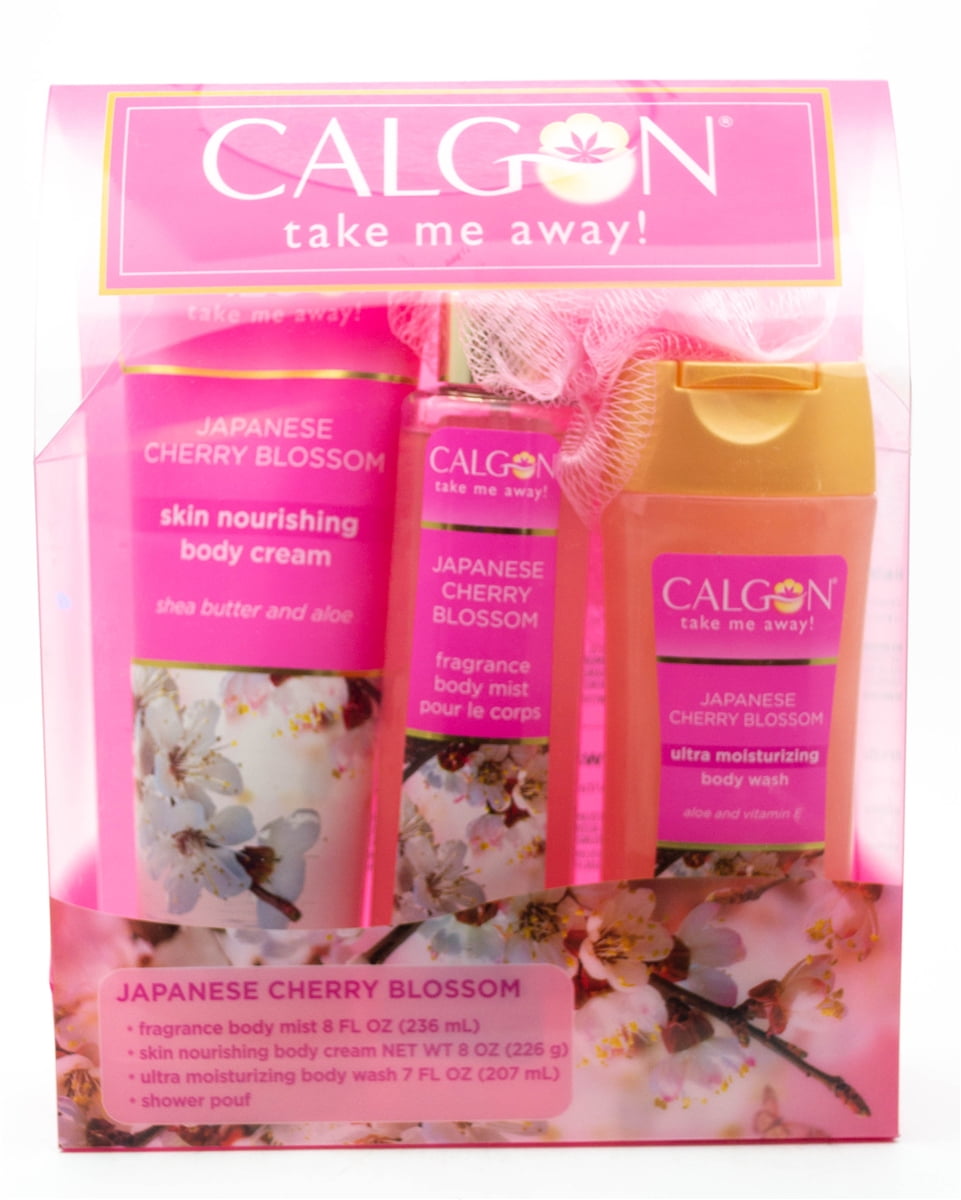 Calgon TAKE ME AWAY Japanese Cherry Blossom 4pc Set; Fragrance Body Mist 8 fl oz, Body Cream 8oz