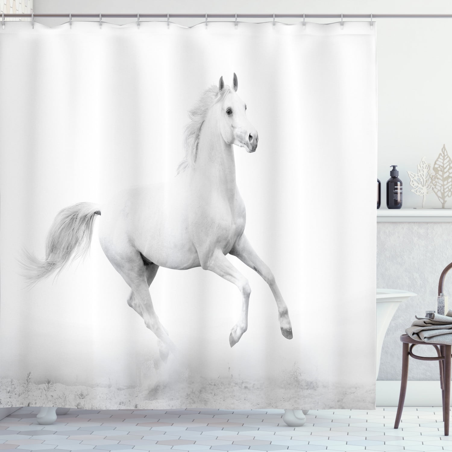 72x72'' White horse running Bathroom Waterproof Shower Curtain 12 Hooks & Mat 