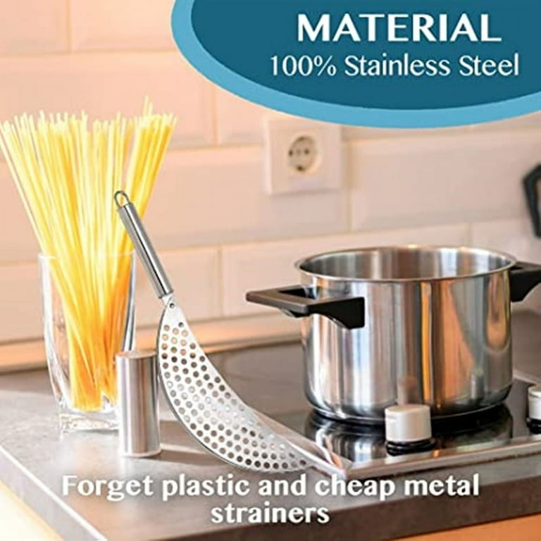 Pot Strainer Stainless Steel Crescent Pot Strainer with Handle Pasta Strainer Pan Pot Strainer with Recessed Hand Grips Suitable for All Sizes Up to 9 for Noodles Fruit Pasta Beans Veggies 1pcs