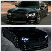 Spec-D Tuning Jet Black Dual LED Tube Projector Headlights Compatible with 2011-2014 Dodge Charger, Left + Right Pair Headlamps Assembly