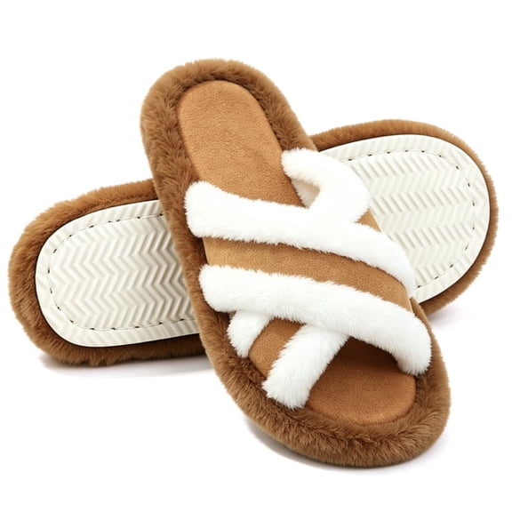 BERANMEY Cozy Open Toe Slippers for Womens Fuzzy Flat Womens Slippers Slip-On Lightweight Comfortable House Slippers for Women Anti-slip Sole for Bedroom Indoor