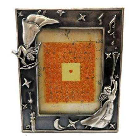 Arrow Frame - Pewter picture frame with two angels, one in the top left corner holding a bow and arrow and the other in the bottom right corner holding a trumpet PF83