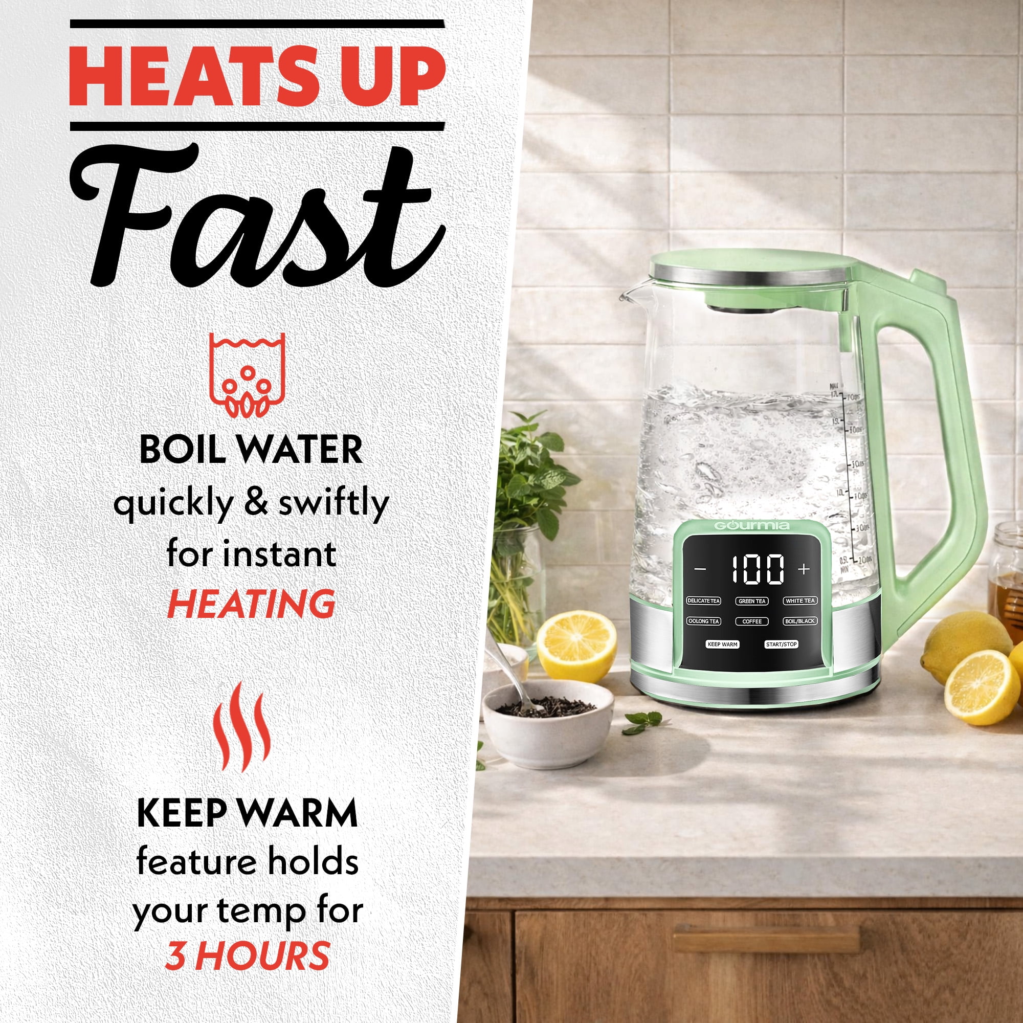 Gourmia Electric Kettle 1.7L with 6 Presets, Digital Display, and Tea Infuser, Green
