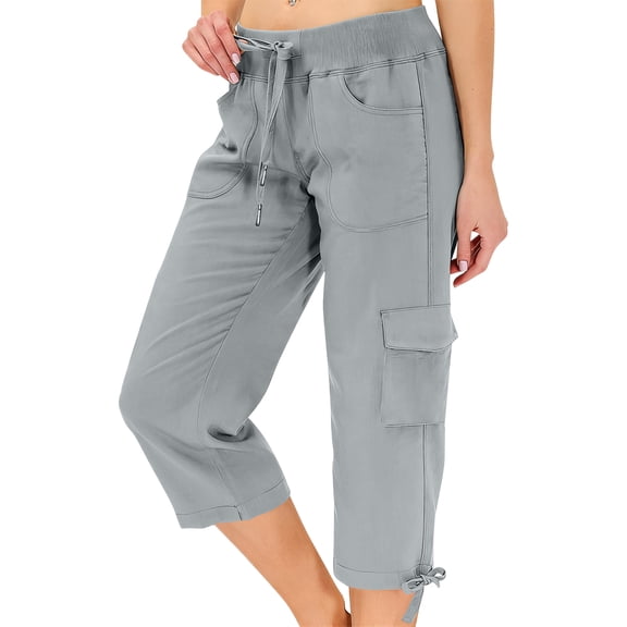 Dwellite Capri Pants for Women Summer Quick Dry Cargo Capris with Pockets Drawstring Cargo Pant Outdoor Golf Hiking Pants Light Gray S