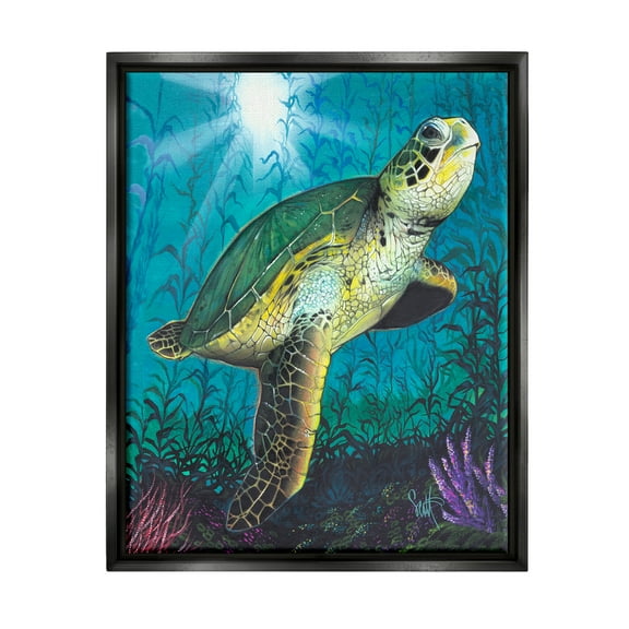 Stupell Industries Turtle Underwater Reef Animals & Insects Painting Black Floater Framed Art Print Wall Art, 17 x 21