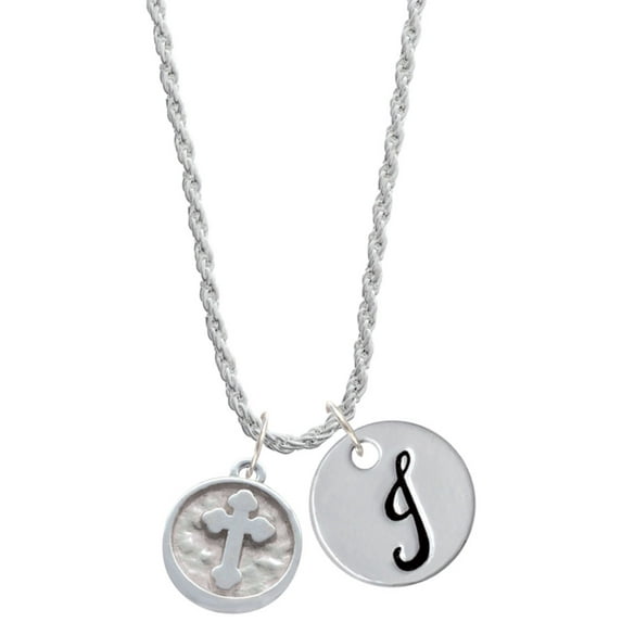 Delight Jewelry Silvertone Botonee Cross - Round Seal Silvertone Script Initial Disc - J - Charm Necklace, 20"+3"