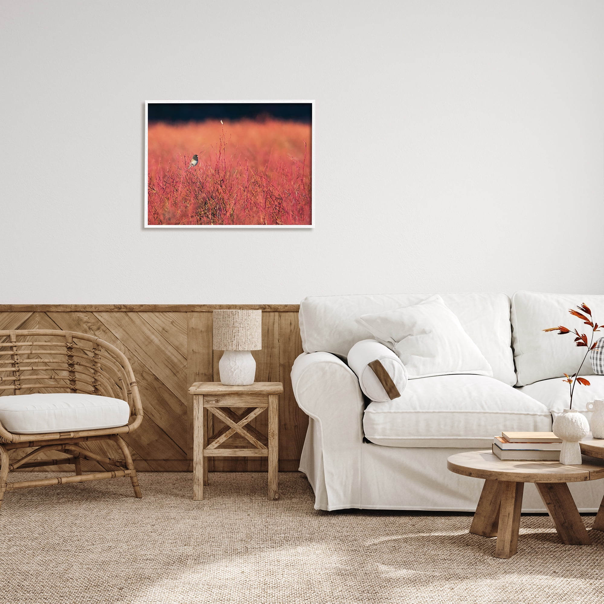 Stupell Industries Bird in Red Field Nature Photography White Framed Art Print Wall Art, 30 x 24