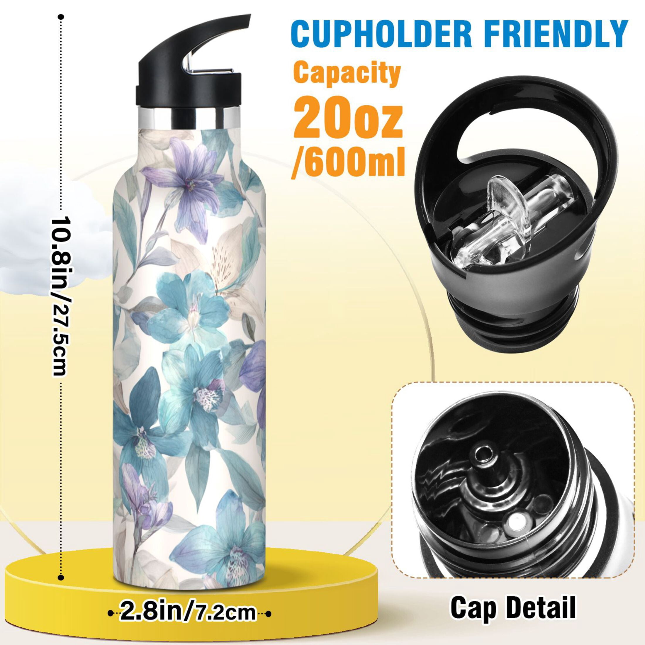 Kids Insulated Stainless Steel Sports Water Bottle 600ml (20oz) Watercolor Orchids and Lilies