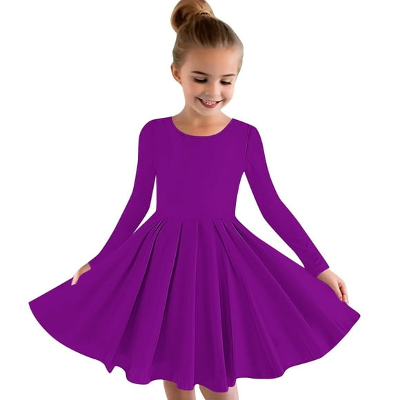 Girls Long Sleeve Skater Dress Kids Casual Crewneck A-Line Flowy Fall Dresses 4-13 Years