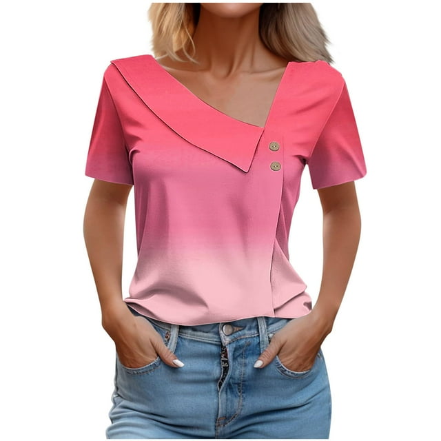 FAIWAD Going Out Tops for Women Irregular V Neck T-Shirts Gradient Short Sleeve Loose Summer Tops