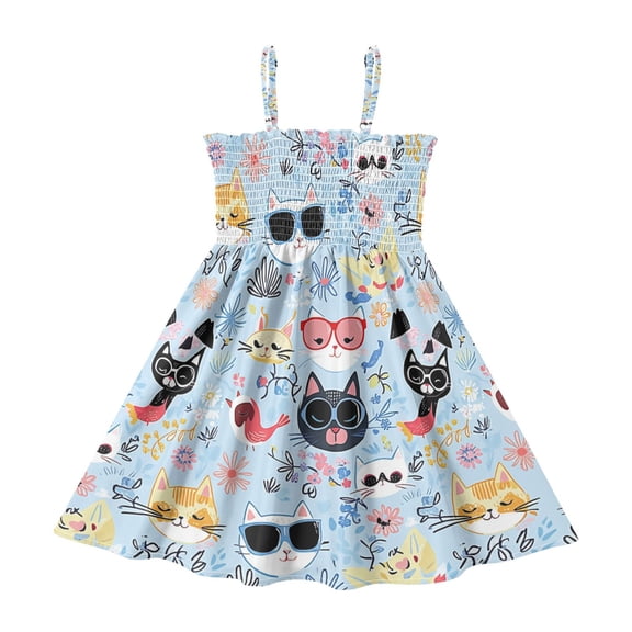 Little Girls Sleeveless Sundress Pleated Ruffle Trim Smocked Top Casual Spaghetti Strap Summer Dress Colorsful Cute Cats 2Y
