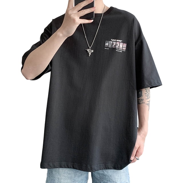 Hombres Verano Top Media Manga Estampados Frescos Cuello Redondo Suelto Suave Transpirable Hombres Camiseta para Fiesta Excursión Escuela Negro L