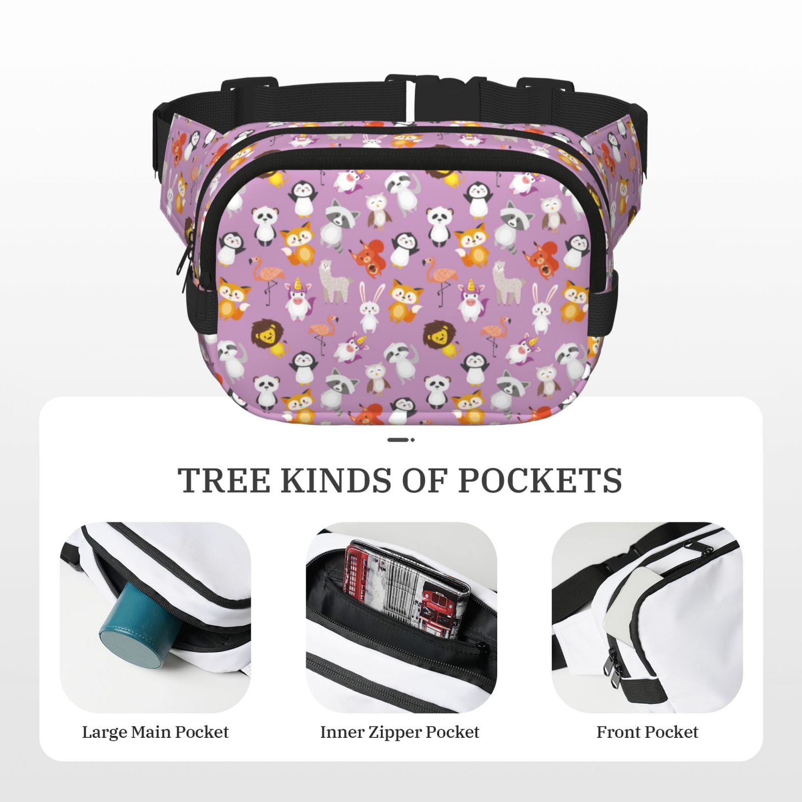 Picia Lovely Animals Print Square Double-Layer Waist Bag Mini Adjustable Waist Belt Bag Exercise Running Travel Hiking