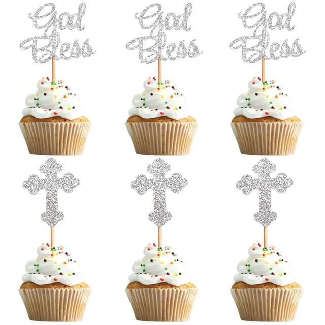 24 toppers para cupcakes con cruz de glitter plateado ZitTRo