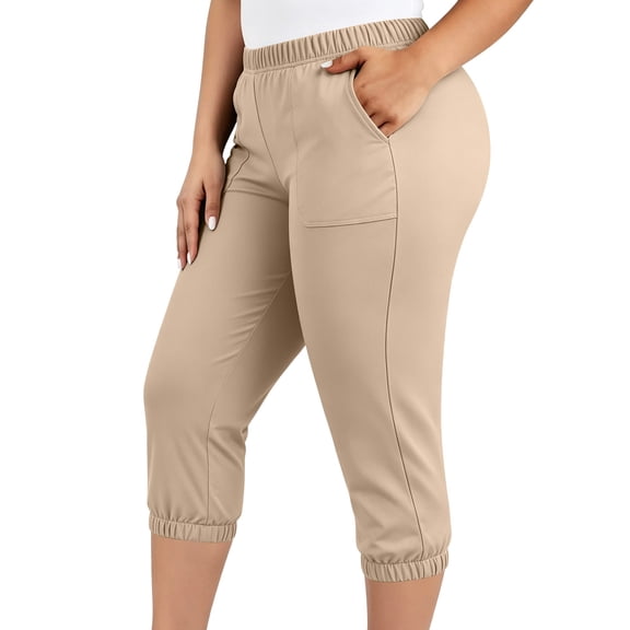 Maean Women's Plus Size Capri Pants Straight Leg Jogger Elastic Waist Cropped Pant Casual Capris with Pockets